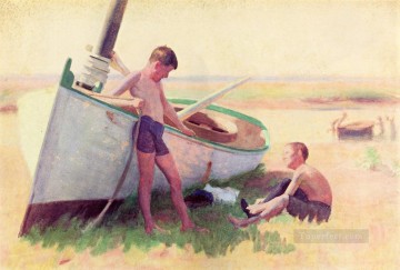  Anshutz Art Painting - Two Boys by a Boat Near Cape May naturalistic Thomas Pollock Anshutz